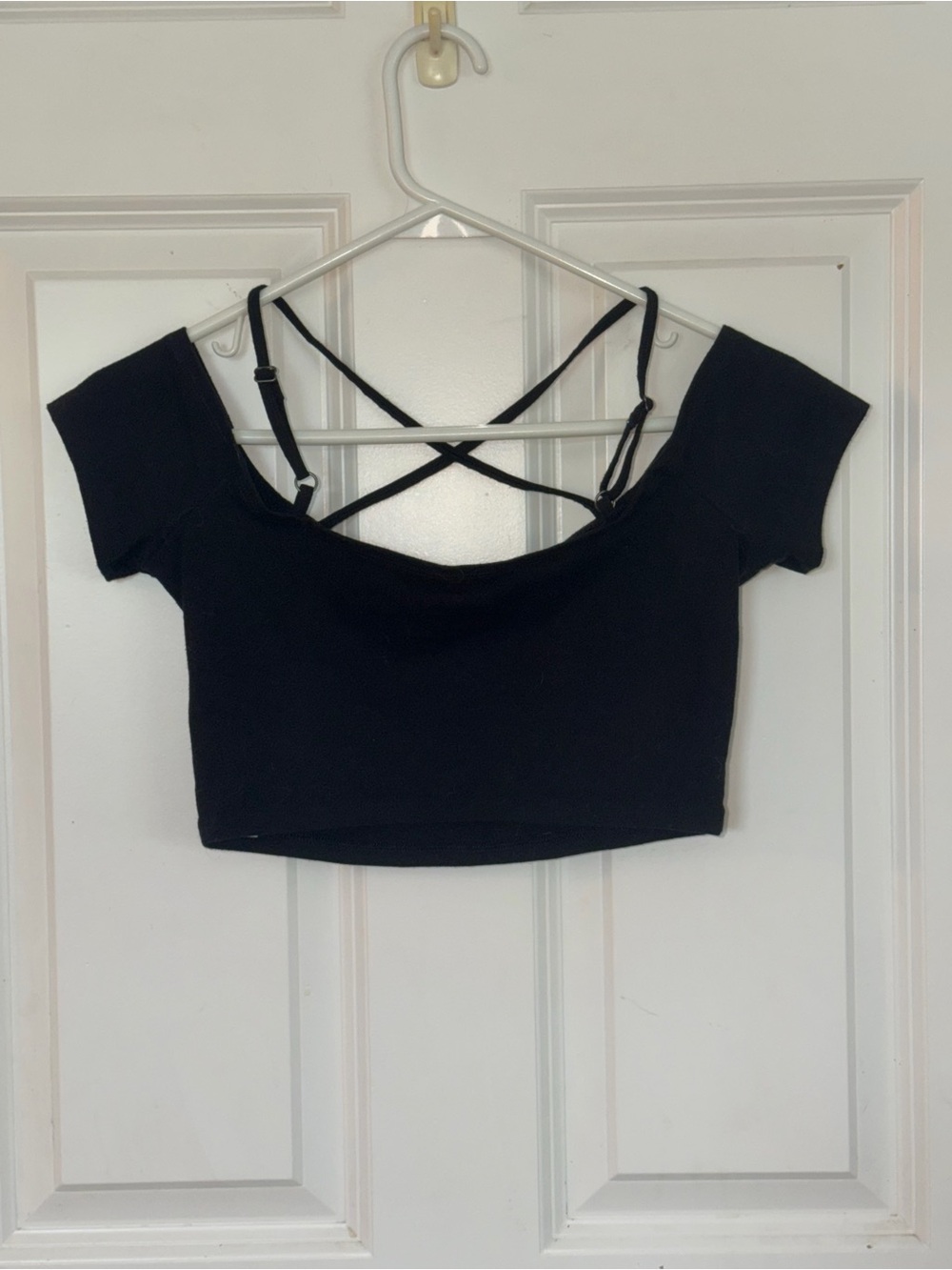 Off-Shoulder Black Cropped Top with Crisscross Straps